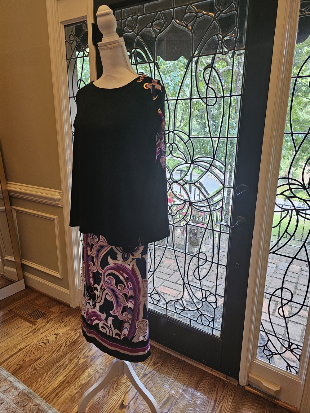 Black and Purple Patterned Women's Skirt Set - Elegant Layered Look